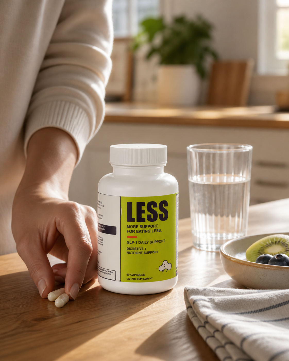 LESS Daily Support beside water during a morning routine